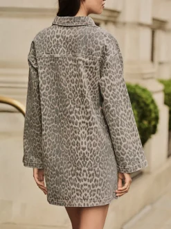Imprimé Léopard - Mini robe utilitaire en Denim à manches longues