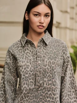 Imprimé Léopard - Mini robe utilitaire en Denim à manches longues