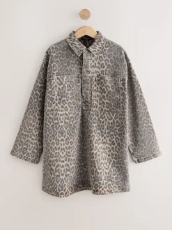 Imprimé Léopard - Mini robe utilitaire en Denim à manches longues