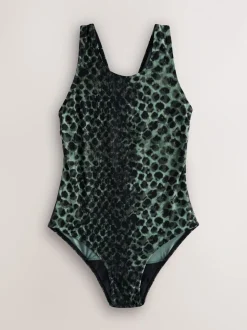 Imprimé léopard vert/noir - Maillot de bain d’époque Col Montant