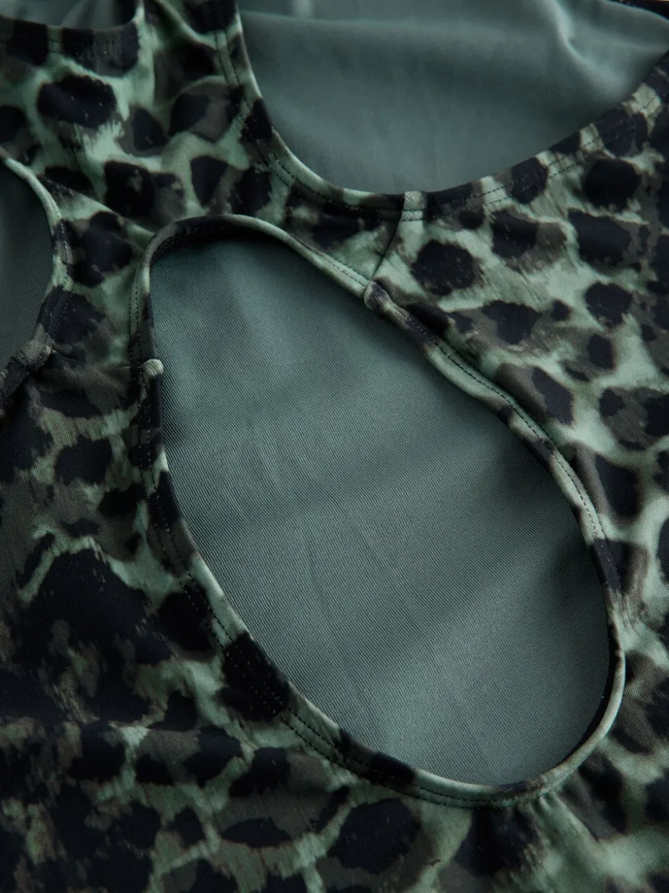 Imprimé léopard vert/noir - Maillot de bain d’époque Col Montant