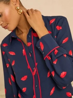 Imprimé lèvres bleu marine - Love & Roses chemise boutonnée à manches longues