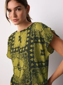 Imprimé motif paisley patch ocre - Haut intelligent texturé à manches évasées