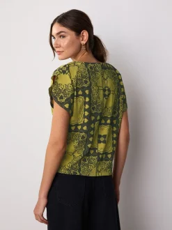 Imprimé motif paisley patch ocre - Haut intelligent texturé à manches évasées