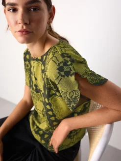 Imprimé motif paisley patch ocre - Haut intelligent texturé à manches évasées