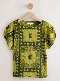 Imprimé motif paisley patch ocre - Haut intelligent texturé à manches évasées