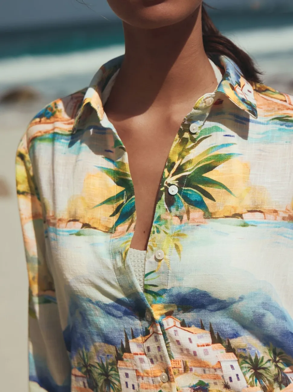Imprimé scénique multicolore - Chemise décontractée à manches longues avec lin