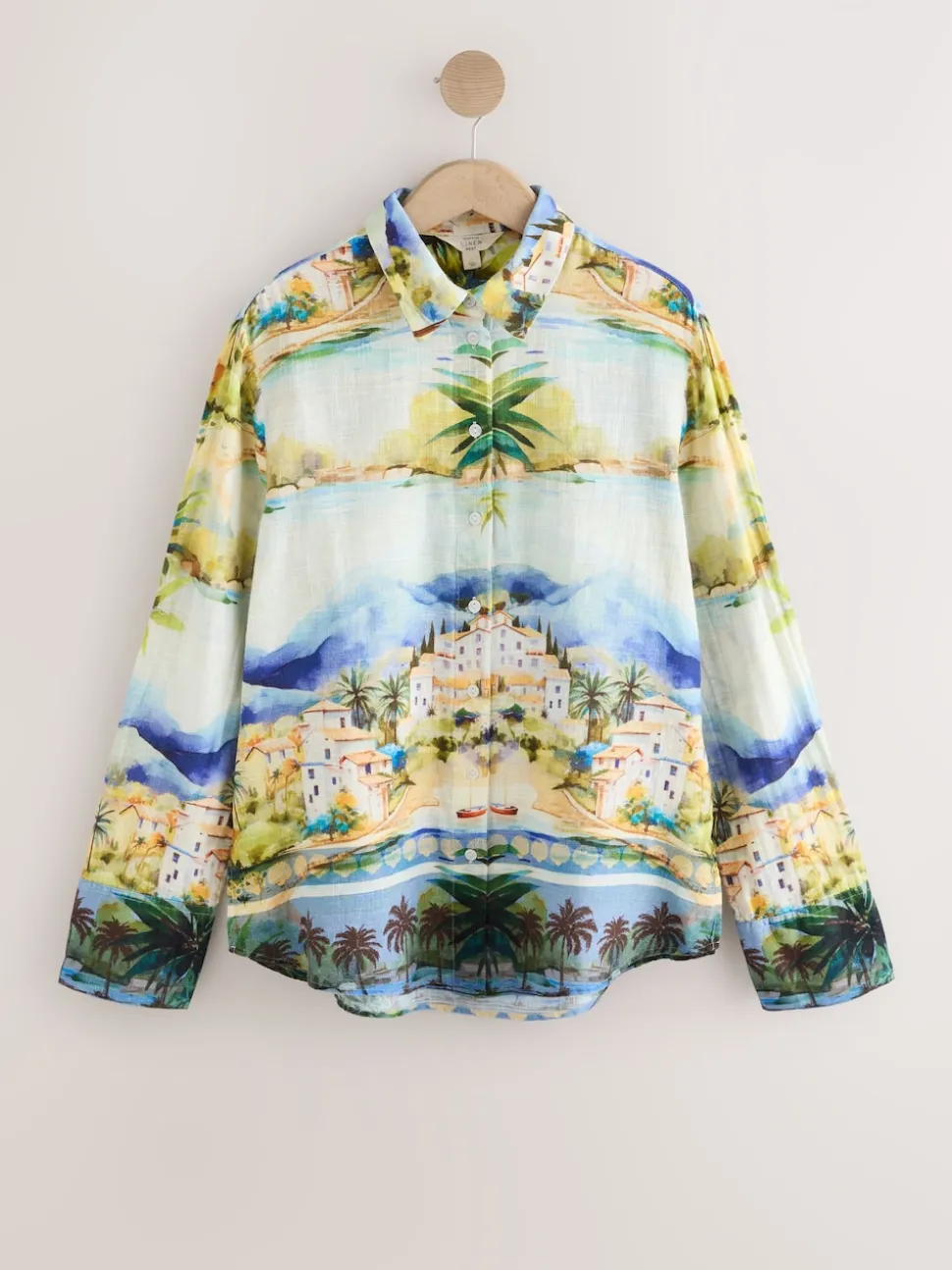 Imprimé scénique multicolore - Chemise décontractée à manches longues avec lin