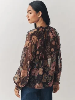 Imprimé Uffington noir - Chemisier Laura Ashley en mousseline à volants avec Lurex