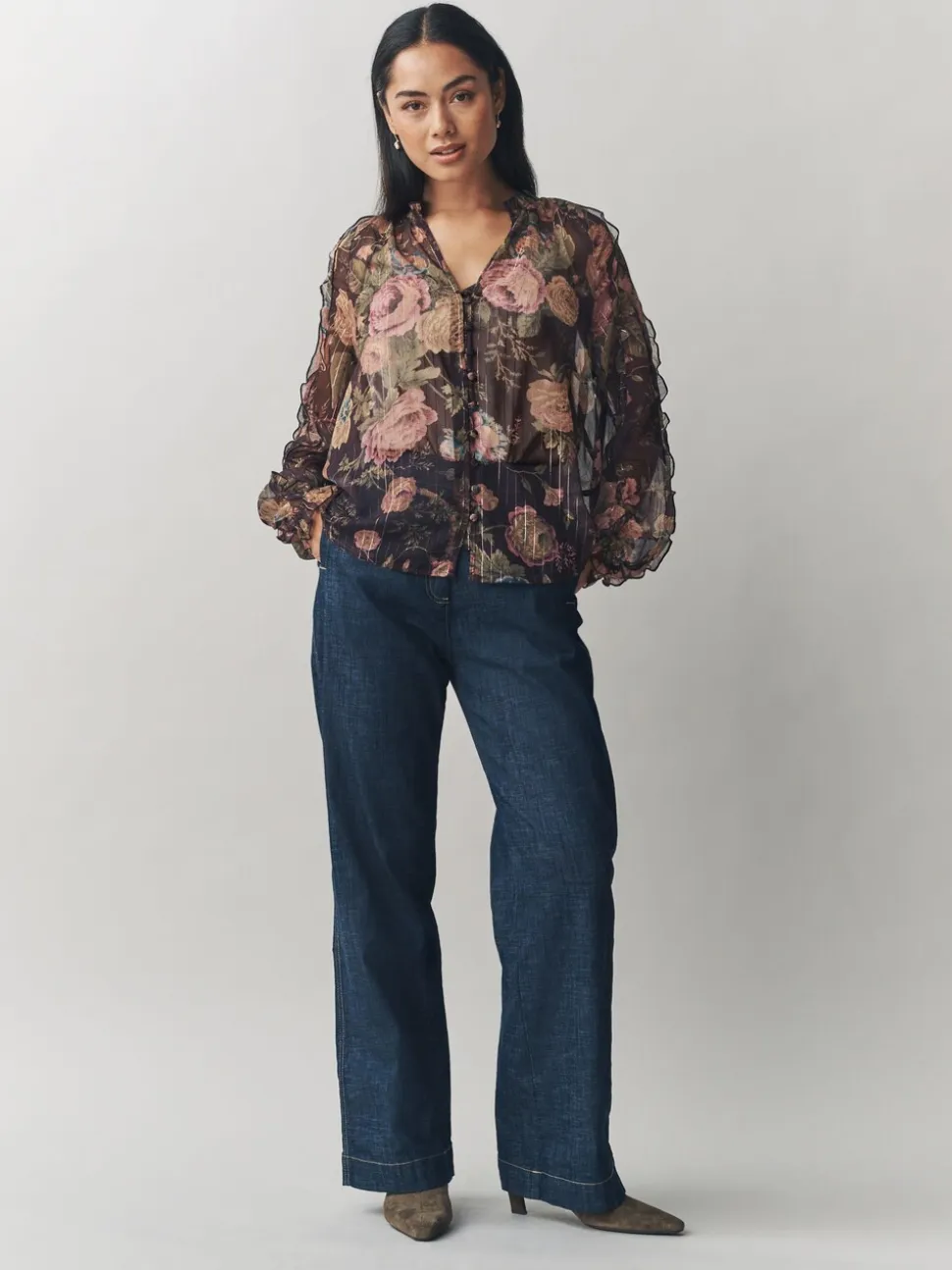 Imprimé Uffington noir - Chemisier Laura Ashley en mousseline à volants avec Lurex