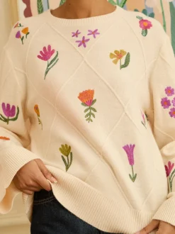ivoire - Love & Roses pull en maille brodée