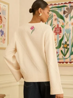 ivoire - Love & Roses pull en maille brodée