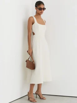 ivoire - Robe mi-longue Reiss Dina en sergé à découpe à la taille