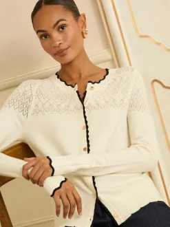 Ivoire et noir festonné - Cardigan Love & Roses en maille