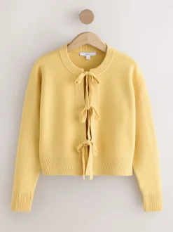 Jaune - Cardigan super doux en maille avec cravate devant