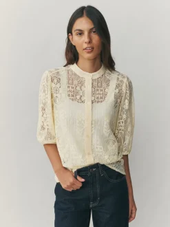 Jaune citron - Chemisier à manches mi-longues en dentelle