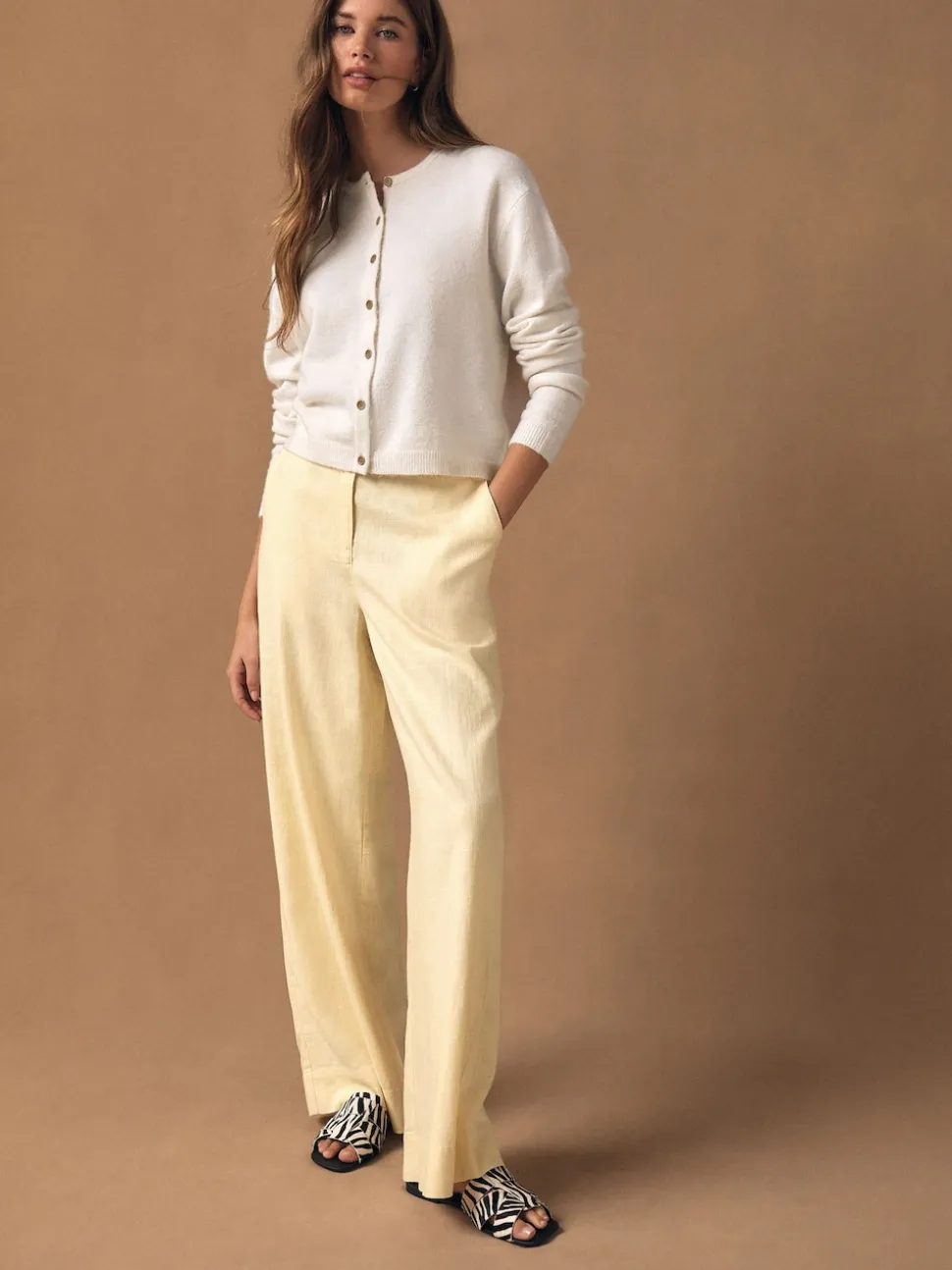 Jaune citron - Pantalons intelligents à jambe large en lin Blend