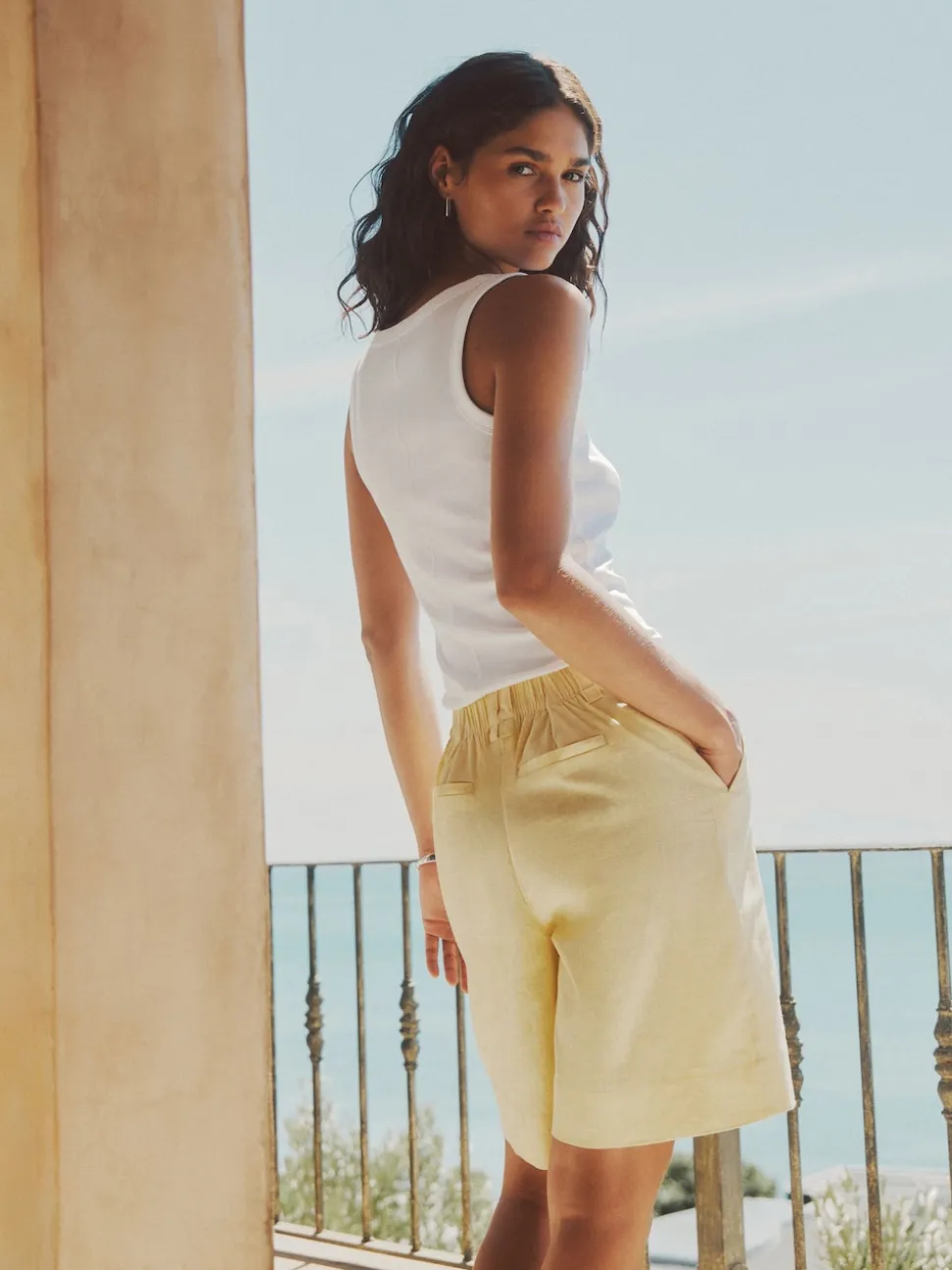 Jaune citron - Shorts de genou de mélange de lin