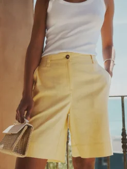 Jaune citron - Shorts de genou de mélange de lin