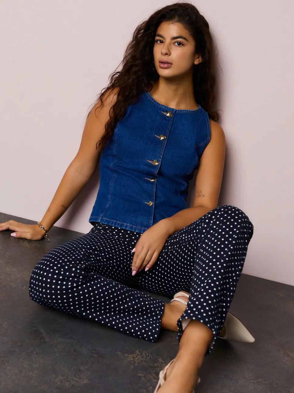 Jean bleu moyen - Gilet boutonné cœur