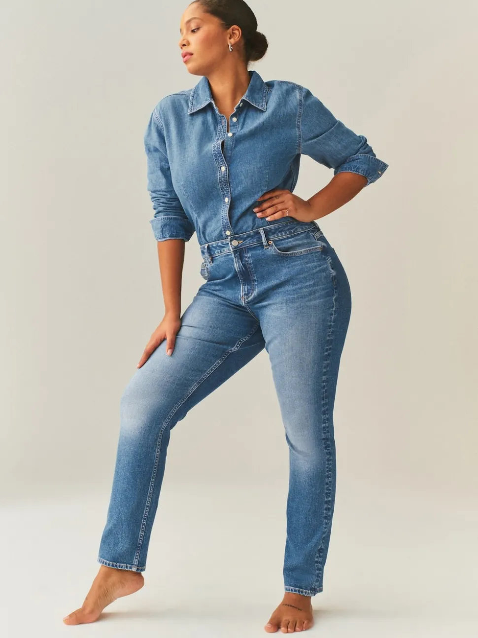 Jean bleu moyen - Jean ajusté extensible taille milieu Hourglass