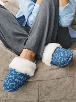Jena bleu - Mules en Denim Léopard en fausse fourrure