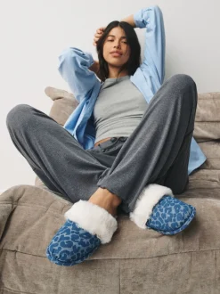 Jena bleu - Mules en Denim Léopard en fausse fourrure