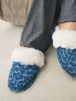 Jena bleu - Mules en Denim Léopard en fausse fourrure