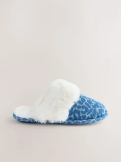 Jena bleu - Mules en Denim Léopard en fausse fourrure