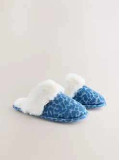 Jena bleu - Mules en Denim Léopard en fausse fourrure