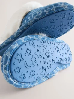 Jena bleu - Mules en Denim Léopard en fausse fourrure