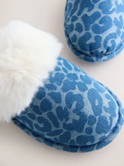 Jena bleu - Mules en Denim Léopard en fausse fourrure