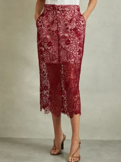 Jupe crayon mi-longue en dentelle transparente Reiss Flo