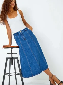 Jupe mi-longue à empiècements en jean Roman en coton