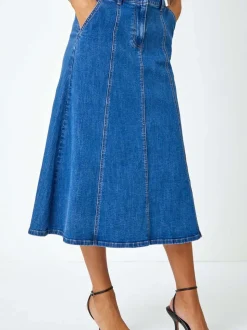 Jupe mi-longue à empiècements en jean Roman en coton