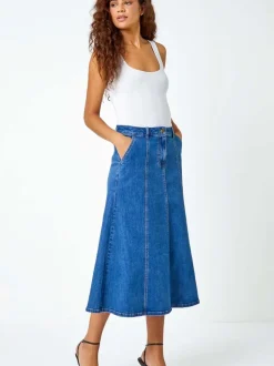 Jupe mi-longue à empiècements en jean Roman en coton