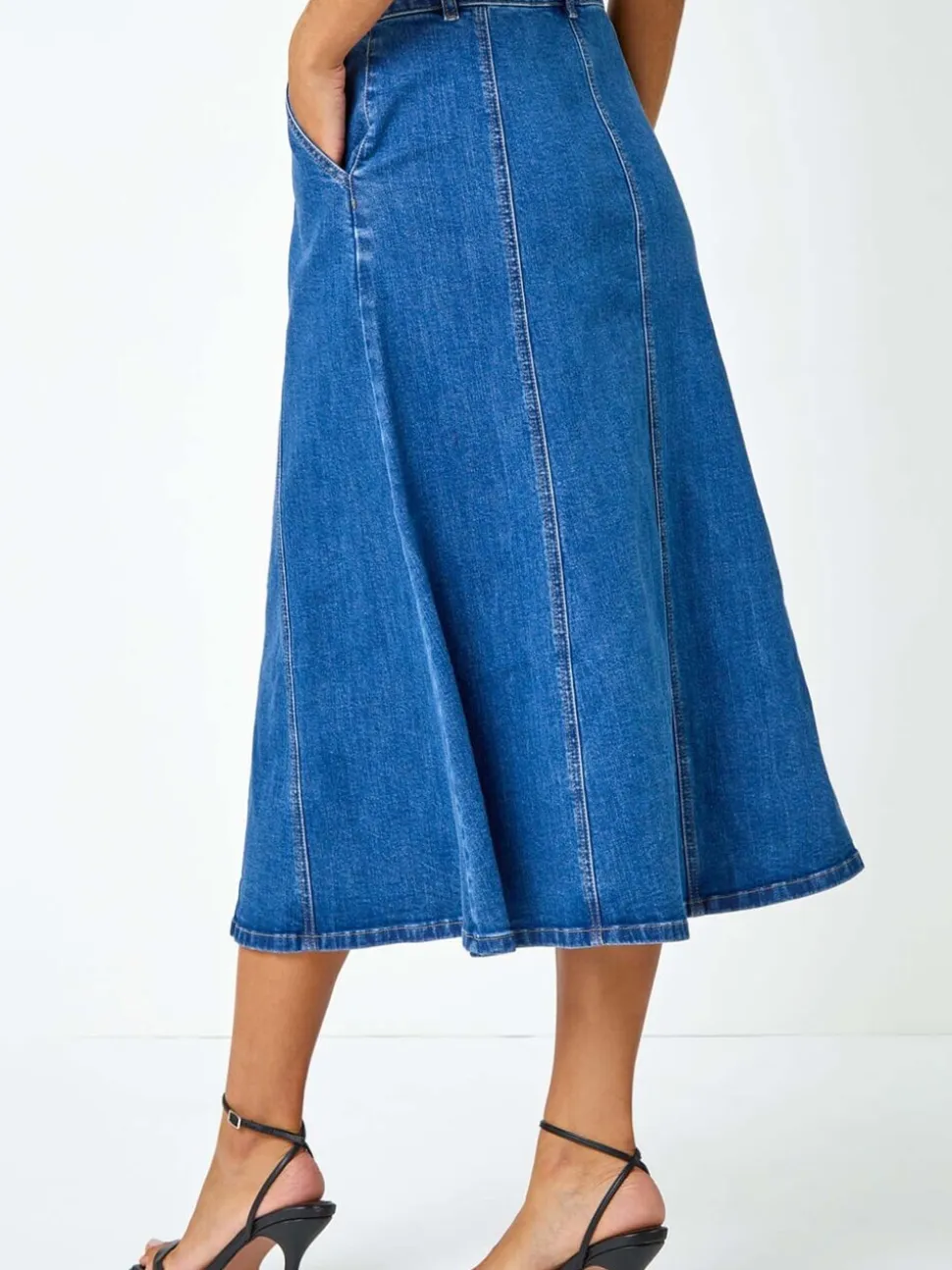 Jupe mi-longue à empiècements en jean Roman en coton