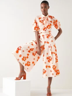 Jupes-culottes LK Bennett & Flora ivoire multicolore en coton plissé en satin fleuri