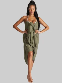 kaki - South Beach Dissimuler le sarong froissé à franges en viscose