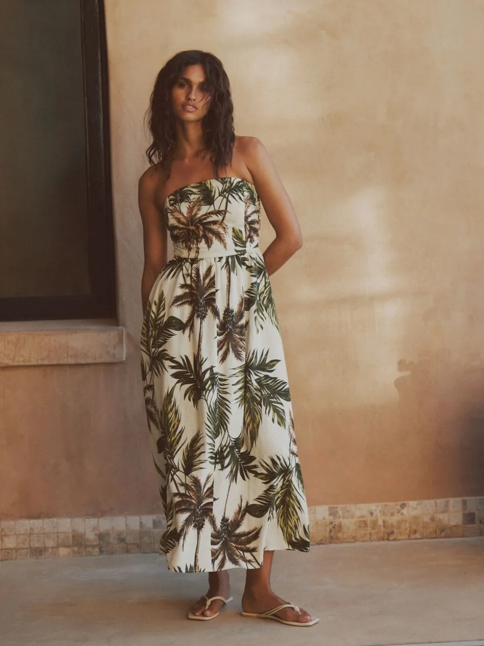 Kaki/Crème imprimé palmier - Robe bandeau froncée Mi-long en lin