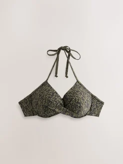 Kaki/Noir Imprimé - Haut de bikini rembourré plongeant avec armatures rembourré