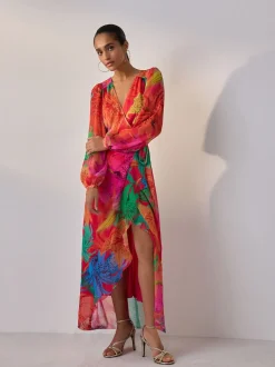 Kew Collection Fleuri vif - Robe mi-longue enveloppante à manches longues Occasion