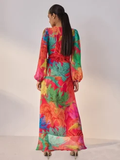 Kew Collection Fleuri vif - Robe mi-longue enveloppante à manches longues Occasion