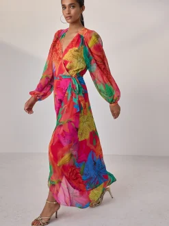 Kew Collection Fleuri vif - Robe mi-longue enveloppante à manches longues Occasion