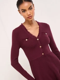 Lipsy robe courte en maille à manches longues à col en V boutonnée à franges