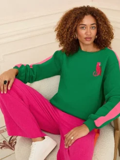 Léopard vert à rayures roses - Sweat Love & Roses en jersey à col ras du cou