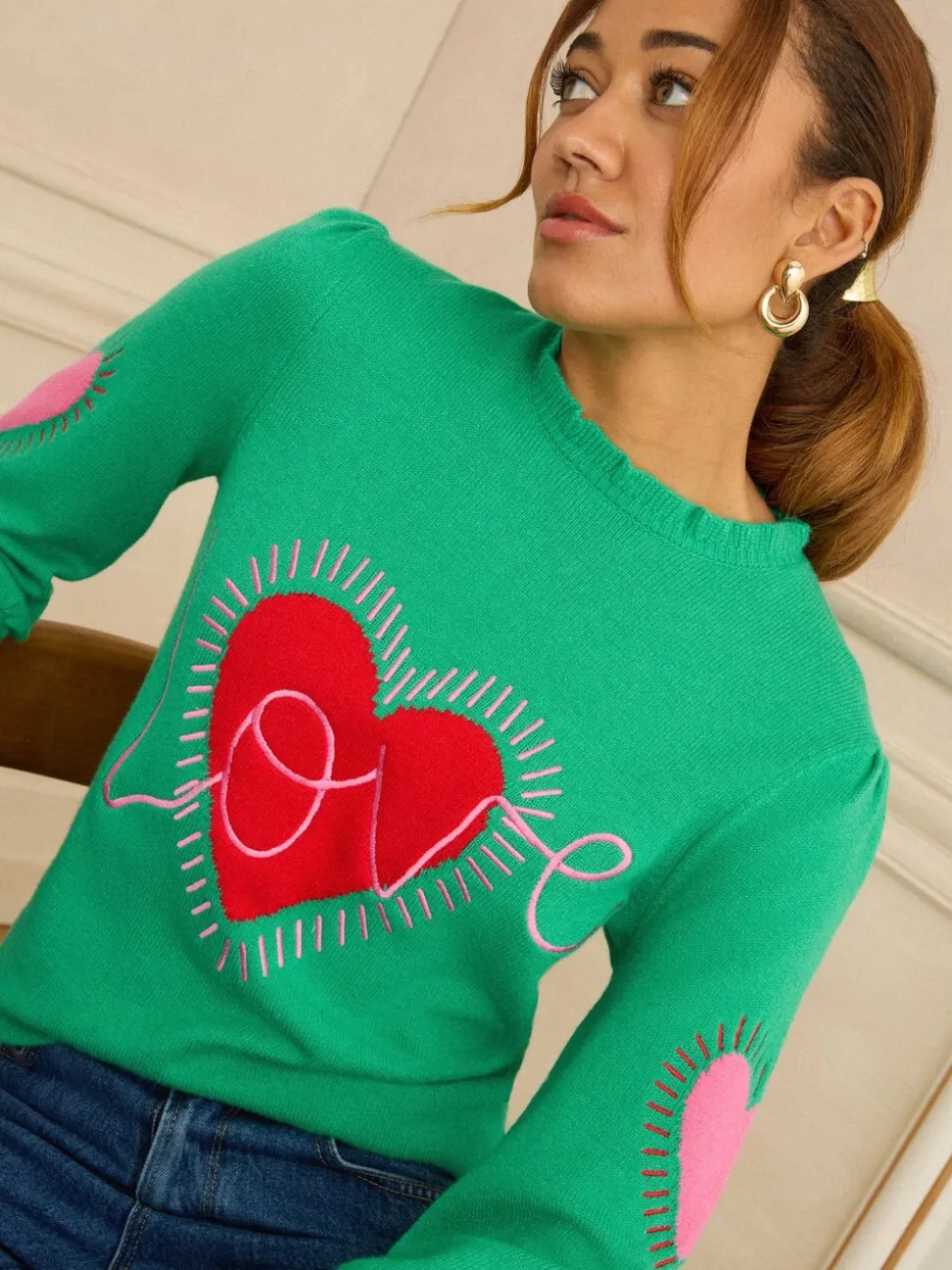 Love & Roses pull en maille à manches courtes avec cœur
