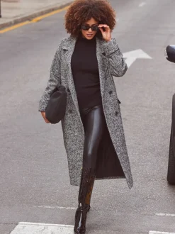 Manteau long Sosandar mélange de laine à chevrons gris et noir