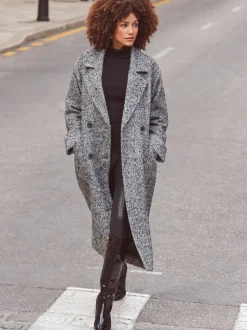 Manteau long Sosandar mélange de laine à chevrons gris et noir