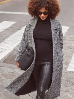 Manteau long Sosandar mélange de laine à chevrons gris et noir